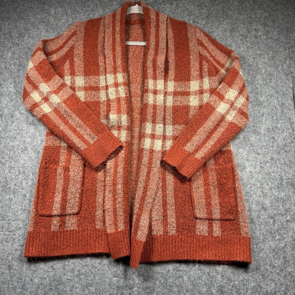 Red Plaid Stretch Cardigan Women's Large Long Sleeve Open Front Soft Knit
